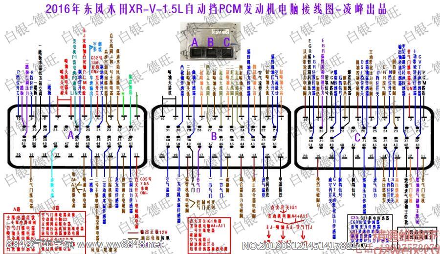 2016年东风本田XR-V-1.5L自动挡PCM发动机电脑接线图